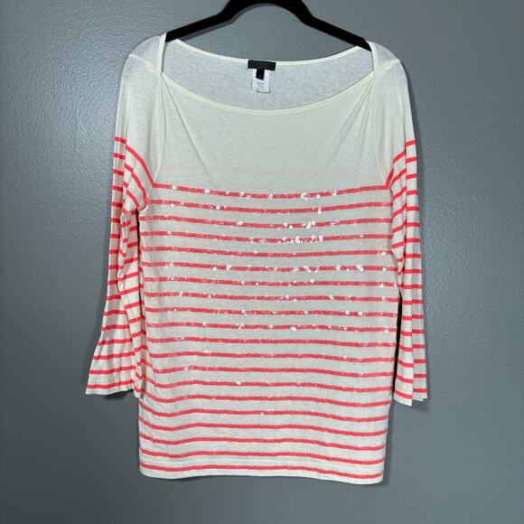 J Crew Collection Women's White/Pink Sequin Striped Preppy T-Shirt - Size Small - Picture 1 of 6